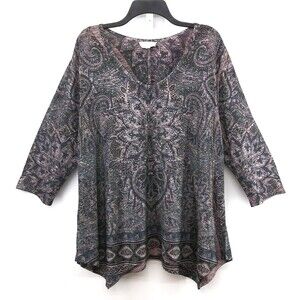 Exclusive One Blouse Women Plus Size 3XL Purple Paisley 3/4 Sleeve Tunic Top